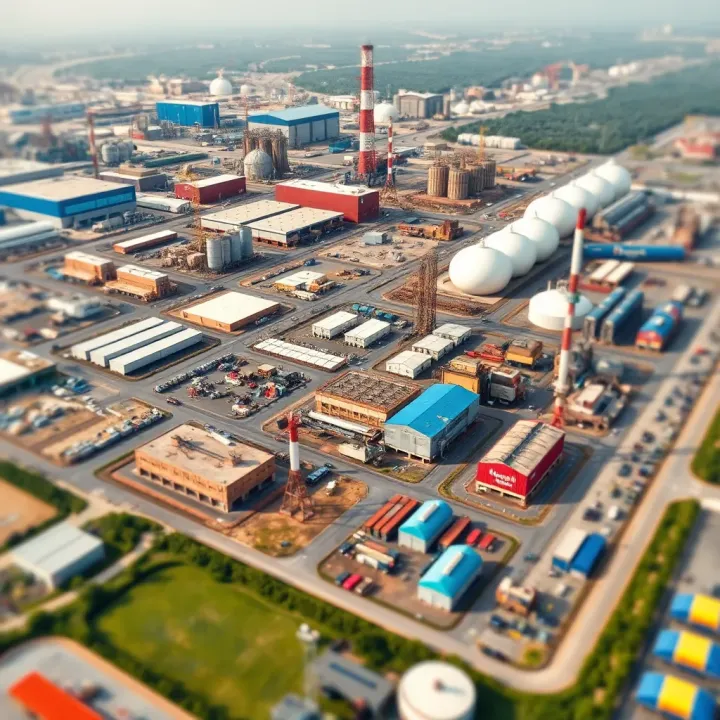 Diverse Industrial Ventures of the Adani Group Aerial view of diverse industrial facilities representing multiple sectors of the Adani Group