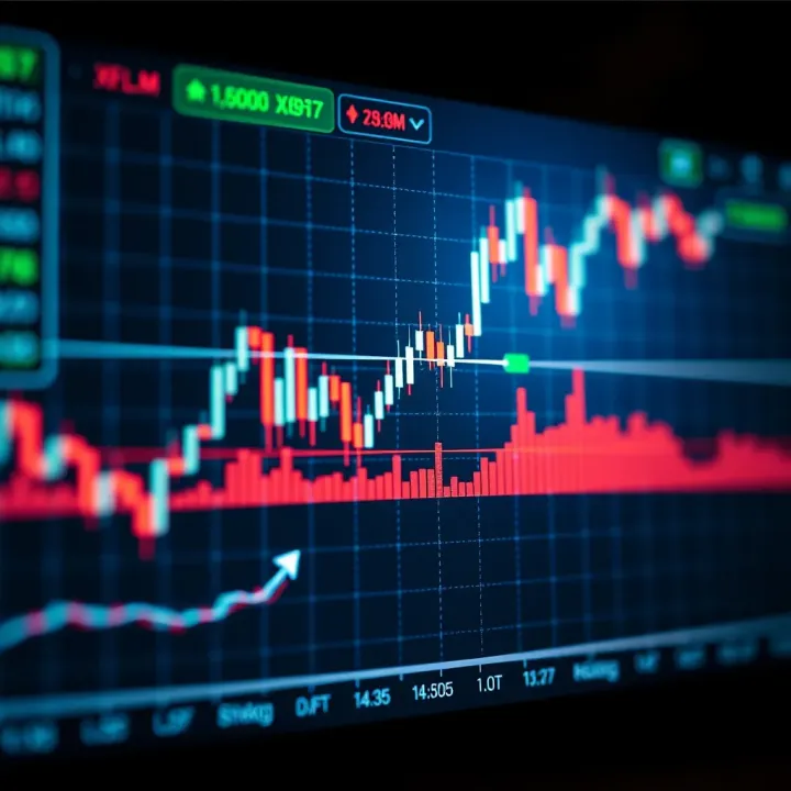 Technical Analysis of Stellar Lumens Price Movements Digital chart depicting technical analysis of XLM price movements with candlestick patterns and volume bars