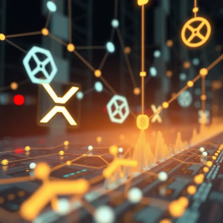 Digital representation of blockchain technology with XRP symbols and network connections
